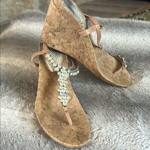Gianni Bini Tan T-Strap Sandals with Turquoise Accents